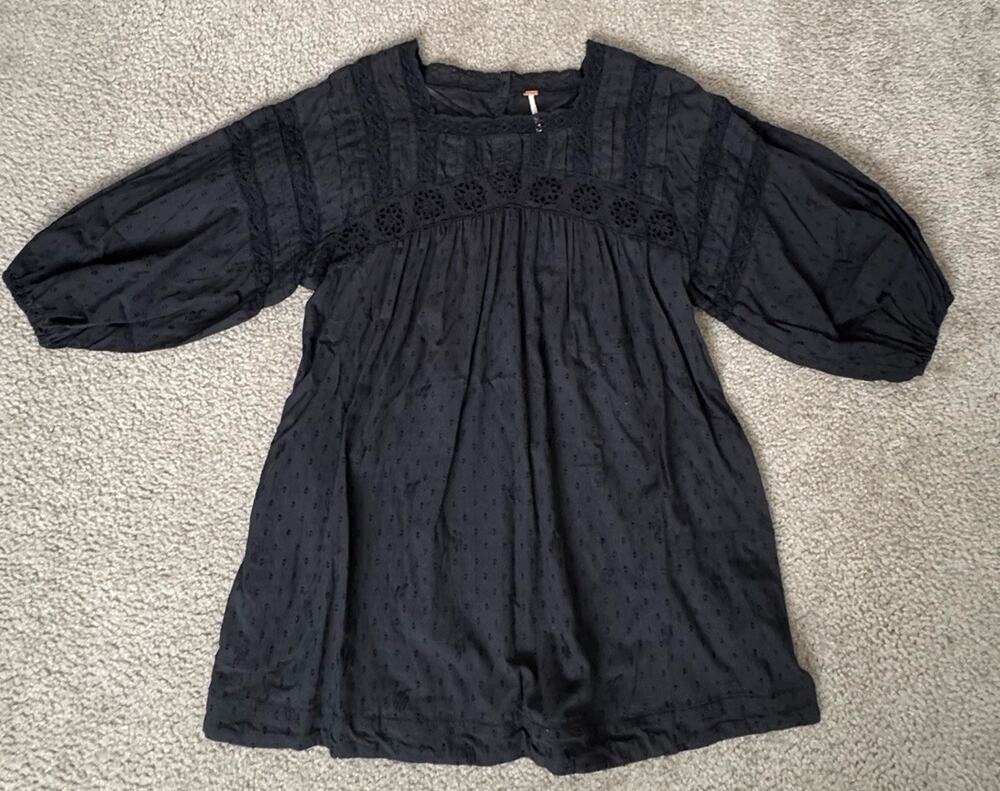 Free People Charlotte Swiss Dot Tunic Dress XS Black Lace Boho Balloon Sleeve